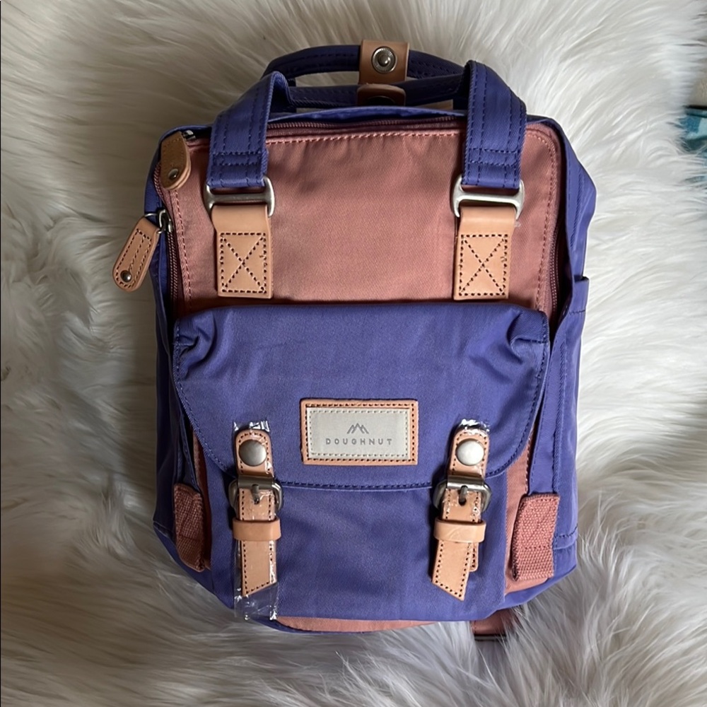 Purple and Tan Structured Backpack with Leather Accents